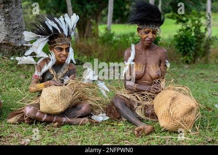 Femme locale avec des ornements traditionnels de plumes paniers à tisser, village Mutin, lac Murray, province de l'Ouest, Papouasie-Nouvelle-Guinée Banque D'Images