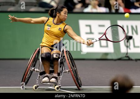 Rotterdam, pays-Bas. 17th févr. 2023. ROTTERDAM - joueur de tennis en fauteuil roulant Yui Kamiji (Japon) en action contre Jiske Griffioen (pays-Bas) le cinquième jour du tournoi de tennis ABN AMRO Open à Ahoy. AP SANDER KING Credit: ANP/Alamy Live News Banque D'Images