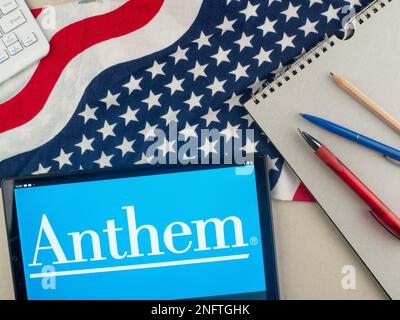 Dans cette illustration, le logo Anthem, Inc. Apparaît sur une tablette. La société est maintenant appelée Elevance Health, Inc. Banque D'Images