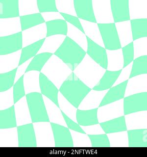 Échiquier déformé avec effet vortex. Illusion optique à carreaux torsadés. Motif psychédélique avec carrés verts et blancs déformés. Étourdi Illustration de Vecteur