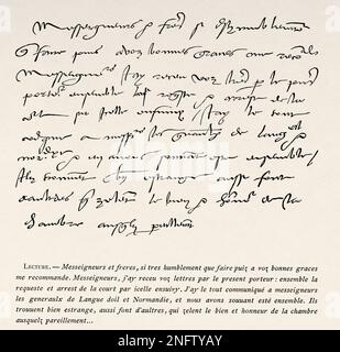 Écriture manuscrite du 15th siècle, d'une lettre originale prise d'une Collection des lettres des rois. Les arts du Moyen-âge et à la période de la Renaissance par Paul Lacroix, 1874 Banque D'Images