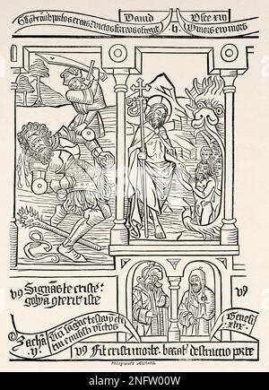 Xylographie de la Bible Pauperun représentant avec des légendes prises de l'ancien Testament, David vaincre Goliath et Christ prenant les âmes des patriarches et des prophètes hors de limbe. Les arts du Moyen-âge et à la période de la Renaissance par Paul Lacroix, 1874 Banque D'Images