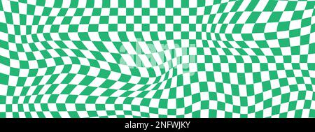 Arrière-plan vert et blanc de l'échiquier déformé. Illusion visuelle vertigineuse. Motif psychédélique avec carrés déformés. Surface trippée du damier Illustration de Vecteur