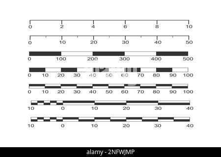Ensemble d'échelles de ligne et de barre de la carte. Modèles de cartes de mesure de distance pour la navigation, le déplacement. Éléments graphiques de cartographie isolés sur blanc Illustration de Vecteur