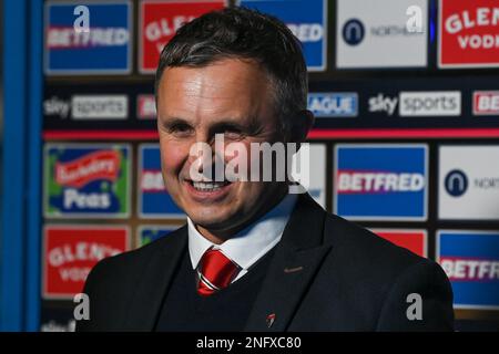 Paul Rowley entraîneur en chef de Salford Red Devils lors de l'entretien préalable au match avant le match de la Super League Round 1 de Betfred Leigh Leopards vs Salford Red Devils au Leigh Sports Village, Leigh, Royaume-Uni, 17th février 2023 (photo de Craig Thomas/News Images) Banque D'Images