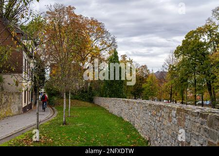 Chemin piétonnier le long du mur de pierre avec un cycliste solitaire. Les arbres sont couverts de feuillage jaune d'automne. Banque D'Images