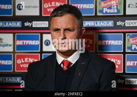 Paul Rowley entraîneur en chef de Salford Red Devils lors de l'entretien préalable au match avant le match de la Super League Round 1 de Betfred Leigh Leopards vs Salford Red Devils au Leigh Sports Village, Leigh, Royaume-Uni, 17th février 2023 (photo de Craig Thomas/News Images), le 2/17/2023. (Photo de Craig Thomas/News Images/Sipa USA) crédit: SIPA USA/Alay Live News Banque D'Images