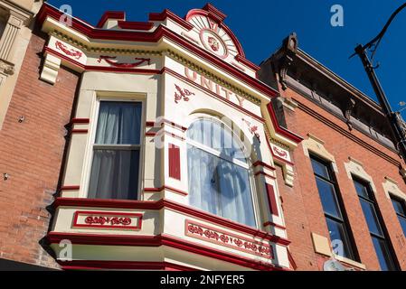 Oregon, Illinois - États-Unis - 13 février 2023 : extérieur de l'ancien bâtiment et de la façade du centre-ville de l'Oregon, Illinois, États-Unis. Banque D'Images