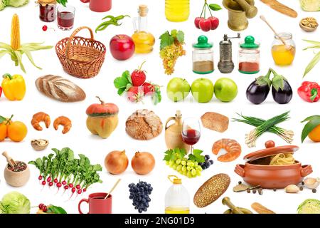 Schéma sans couture de divers produits sains isolés sur fond blanc. Banque D'Images