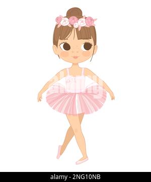 Mignonne de cheveux bruns Ballerina Dancing de fille. Petite ballerine dans une robe Tutu rose et couronne à fleurs roses. Vector, adorable fille dans une robe rose. Isolé Illustration de Vecteur