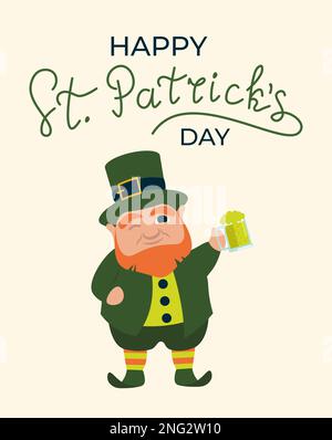 Carte postale de la Saint Patrick. Leprechaun avec une pinte de bière Vector Illustration dans le style plat Illustration de Vecteur