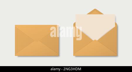 Vector Realistic Yellow enveloppes fermées et ouvertes avec lettre à l'intérieur. Icône enveloppe blanche pliée et dépliée, maquette en gros plan isolée. Message Illustration de Vecteur