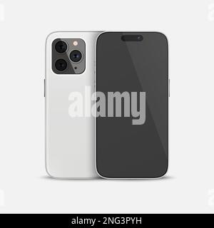 Étui pour smartphone Vector 3D Realistic White. Modèle de conception de téléphone pour maquette. Téléphone, face avant et face arrière, vue avant Illustration de Vecteur