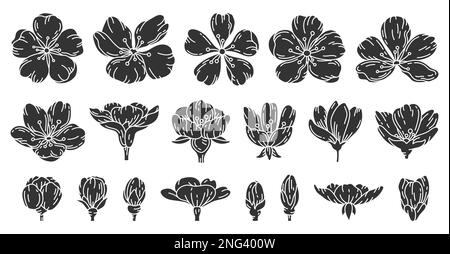 Ensemble de silhouette noire de fleur de cerisier Sakura. Saisonnier oriental décor timbre imprimé glyphe stencil plante floraison symbole chinois japonais main dessiner élément floraison printemps été botanique isolé Illustration de Vecteur