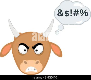 illustration vectorielle face d'une caricature de vache avec une expression de colère et une pensée de nuage avec un texte insulto Illustration de Vecteur