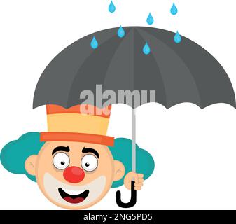 illustration vectorielle face d'un clown de dessin animé avec un parapluie à la main avec des gouttes de pluie Illustration de Vecteur