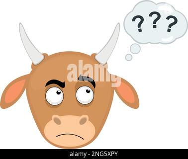 illustration vectorielle face d'une caricature de vache avec une expression de pensée ou de doute, avec une pensée de nuage avec des points d'interrogation Illustration de Vecteur