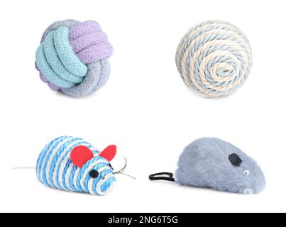 Ensemble avec différents jouets pour animaux sur fond blanc Banque D'Images