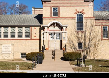 Oregon, Illinois - États-Unis - 13 février 2023 : extérieur de la bibliothèque historique Carnegie, construite en 1909, en Oregon, Illinois. Banque D'Images