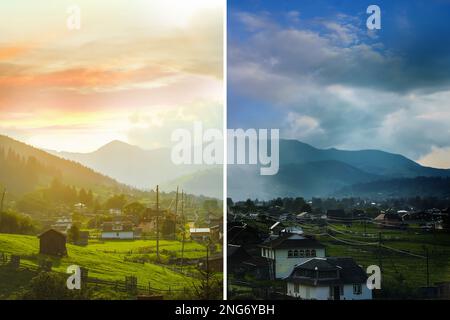 Photo avant et après retouche, collage. Vue pittoresque sur le village et la forêt sur les pistes de montagne Banque D'Images