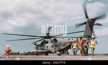 ÉTATS-UNIS Le personnel de la Marine, avec le Commandement de la préparation et de l'entraînement en médecine de la Marine, III Marine Expeditionary Force, porte une victime simulée d'un Super Stallion CH-53E lors de l'exercice Jungle Warfare 23,1 à Camp Foster, Okinawa, Japon, 16 février 2023. JWX 23,1 est un exercice de formation sur le terrain à grande échelle axé sur l'exploitation des capacités intégrées des partenaires conjoints et alliés afin de renforcer la sensibilisation, les manœuvres et les incendies de tous les domaines dans un environnement maritime distribué. (É.-U. Photo du corps marin par lance Cpl. Tyler Andrews) Banque D'Images