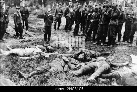 La première phase de l'Holocauste n'était pas avec des chambres à gaz mais des escadrons mobiles d'exécution connus sous le nom d'Enisatzgruppen. Leur tâche était de se promener derrière les lignes de front de teh, en tirant tous les Juifs qu'ils pouvaient. Ils ont tué environ deux millions de personnes. Cette photo effroyable montre un adolescent debout à côté de sa famille assassinée peu avant son propre meurtre. Zboriv, Ukraine, 5 juillet 1941.. Photo de Bundesarchiv, Bild 183-A0706-0018-030 / CC-BY-sa 3,0, CC BY-sa 3,0 de, https://commons.wikimedia.org/w/index.php?curid=5359739 Banque D'Images