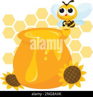 Illustration vectorielle d'une jolie abeille heureuse portant un pot de miel à un plus grand pot de miel. Illustration de Vecteur