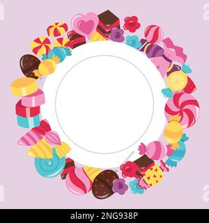 Illustration vectorielle représentant des bonbons colorés et des bonbons autour d'une plaque blanche sur fond violet. Illustration de Vecteur