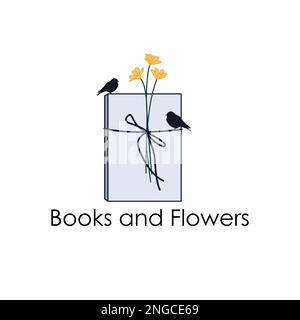 Logo pour librairie. Livres, fleurs et logo vectoriel d'oiseaux. Illustration de Vecteur