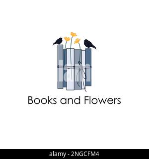 Logo pour librairie. Livres, fleurs et logo vectoriel d'oiseaux. Illustration de Vecteur