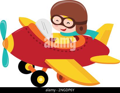 Illustration vectorielle de dessin animé d'un jeune/garçon pilote heureux volant un avion. Illustration de Vecteur