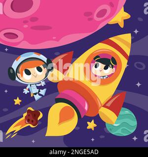 Illustration vectorielle d'une petite fille d'astronaute super mignonne dans une grande fusée spatiale tandis qu'un garçon d'astronaute flotte dans l'espace. Illustration de Vecteur