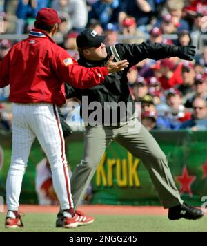 Chicago Cubs' Mike Mahoney, right, watches as Philadelphia Phillies manager Larry  Bowa argues with home plate umpire Laz Diaz in the third inning Thursday,  July 18, 2002, in Philadelphia. The Phillies thought