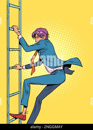 Un homme en costume monte ou descend une échelle. L'échelle de carrière exige du travail et des efforts. S'efforcer d'atteindre votre objectif. Pop Art rétro Illustration de Vecteur