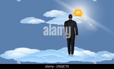 3d illustration. Homme suspendu dans les nuages vers l'avenir, le ciel, l'infini. Banque D'Images