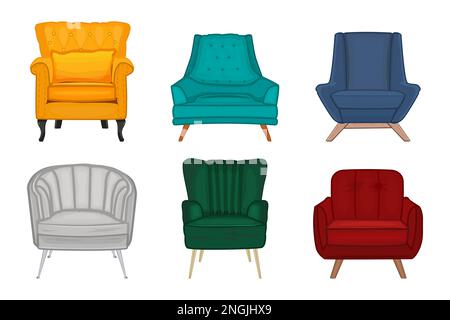 Ensemble de fauteuils tendance. Collection de différents fauteuils vintage du milieu du siècle. Éléments de meubles rembourrés tendance. Chaises souples avec rembourrage Illustration de Vecteur