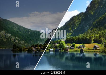 Photo avant et après retouche, collage. Magnifique paysage avec montagnes et rivière par beau temps Banque D'Images