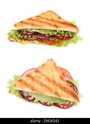 Délicieux sandwichs avec salami sur fond blanc, collage Banque D'Images