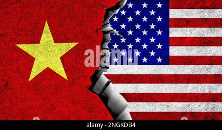 Drapeau des États-Unis et du Vietnam sur un mur fissuré. Relations entre les États-Unis d'Amérique et le Vietnam. Le Vietnam et les États-Unis sont tous deux des drapeaux Banque D'Images