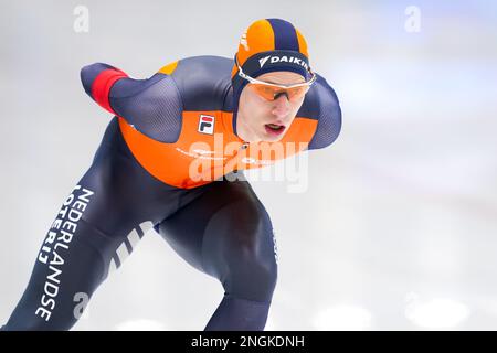 TOMASZOW MAZOWIECKI, POLOGNE - FÉVRIER 18: Lex Dijkstra des pays-Bas en compétition pour la division hommes 5000m B lors des finales de la coupe du monde de patinage de vitesse de l'UIP sur 18 février 2023 à Tomaszow Mazowiecki, Pologne (photo d'Andre Weening/Orange Pictures) Credit: Orange pics BV/Alay Live News Banque D'Images