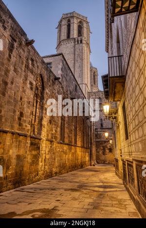 Le Barrio Gotico historique de Barcelone au crépuscule avec la cathédrale Banque D'Images