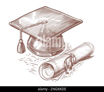 Chapeau de graduation dessiné à la main et diplôme en style esquisse. Diplôme universitaire, concept d'éducation. Illustration vectorielle vintage Illustration de Vecteur