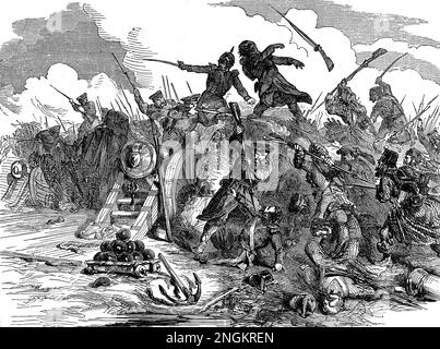 Attaque sur les tranchées anglaises par les forces russes pendant la guerre de Crimée; 19th siècle Illustration noir et blanc Banque D'Images