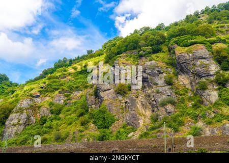 Rochers près du Rhin à Loreley, Rhein-Lahn-Kreis, Rhénanie-Palatinat, Rheinland-Pfalz, Allemagne. Banque D'Images