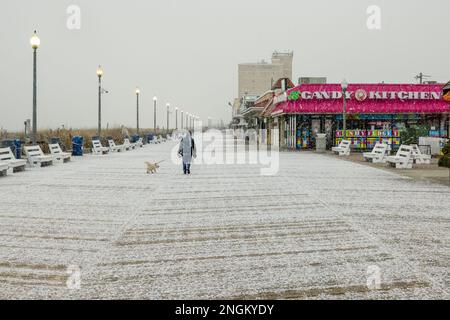 Une dame marchant un chien le long de la promenade pendant une tempête de neige, Rehoboth Beach, Delaware Banque D'Images