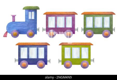 Illustration aquarelle d'un ensemble de train en bois d'enfant isolé sur fond blanc. Chambre bébé, décoration pour enfants. Matériaux écologiques jouets pour enfants. Banque D'Images