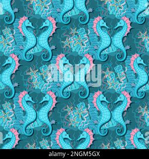 motif hippocampe. motif sans coutures dans un style marin. Créatures sous-marines, étoiles de mer, hippocampe, coraux, poissons. papier peint marin sans fin vers l'arrière Illustration de Vecteur