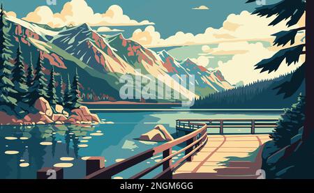 Pont sur le lac avec des paysages de montagne en arrière-plan. Paysage de montagnes en style anime. Illustration vectorielle Illustration de Vecteur
