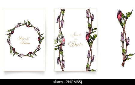 Jeu de cartes et d'invitations avec fleurs de magnolia roses. magnolia Illustration de Vecteur