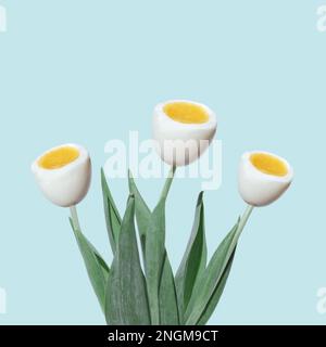 Tulipes de printemps et œufs bouillis comme des fleurs. Collage minimal de pop art sur les fêtes de printemps et la nourriture. Photo de haute qualité Banque D'Images